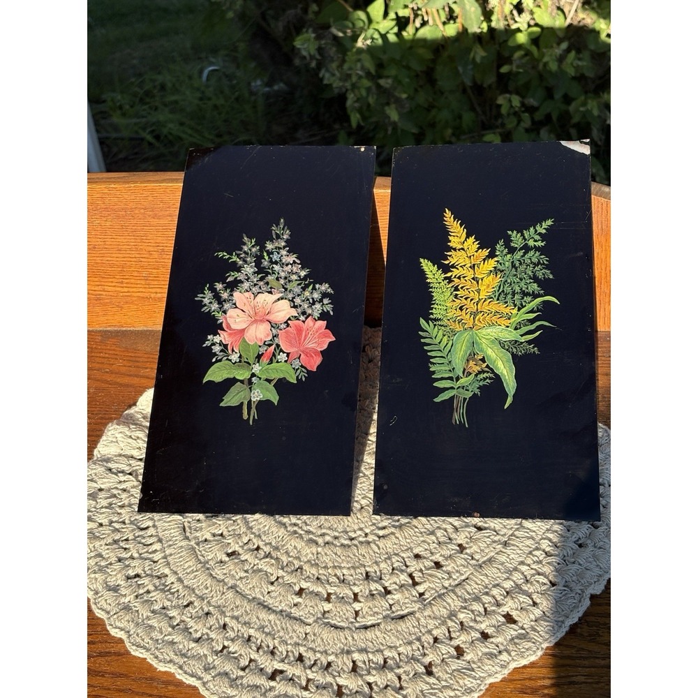 Vtg Pair Black Lacquer Floral Botanical Wall Plaques Panels Fern Azeala 6 X 12"
